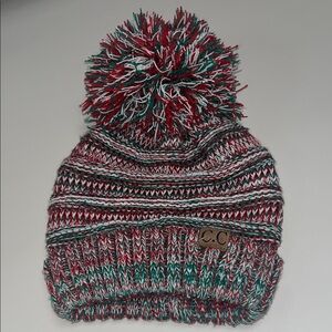 C.C Multicolor Pom Pom Beanie in Red, Green & White